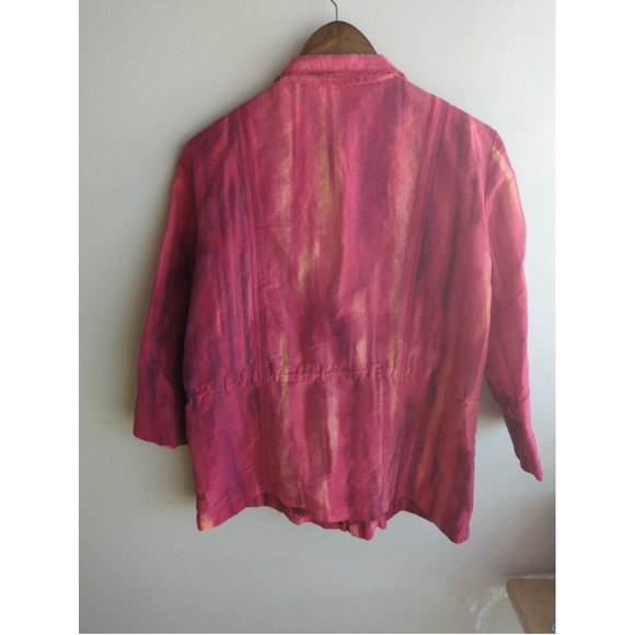 Chico's Women Linen Jacket Pink Art to Wear Abstract Cinch Waist Sz 2 Windbreake - Picture 2 of 9